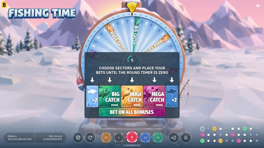 Fishing Time betting screen: Big Catch, Huge Catch and Mega Catch bonus sectors with a Bet on All Bonuses button and a 5-second round timer.