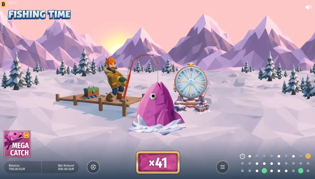 Fishing Time Mega Catch: the angler fights a pink fish through a hole in the ice as the multiplier climbs to x41, with Mega Catch marked on the HUD.