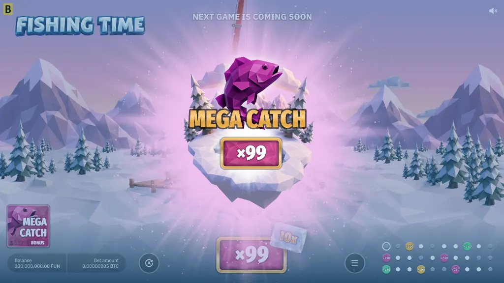 Fishing Time Mega Catch win: a purple fish leaps from the ice under gold MEGA CATCH lettering and an x99 multiplier.