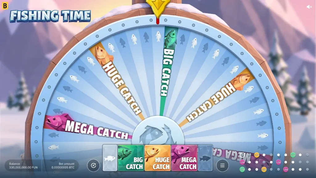 Fishing Time 54-sector wheel: Big Catch, Huge Catch and Mega Catch bonus sectors among the white and grey fish, with the pointer at the top.